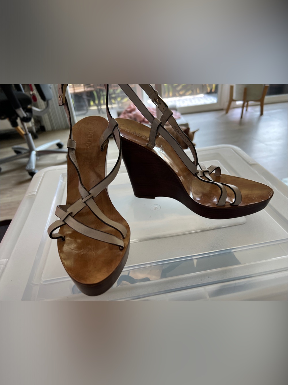 Bally Neutral Leather Strappy Wedge Sandals - Picture 1 of 9